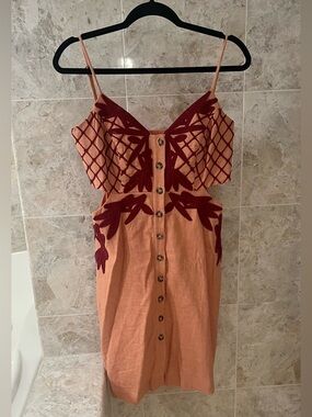 Peach Midi Dress with Rust Red Appliqué and Button Front